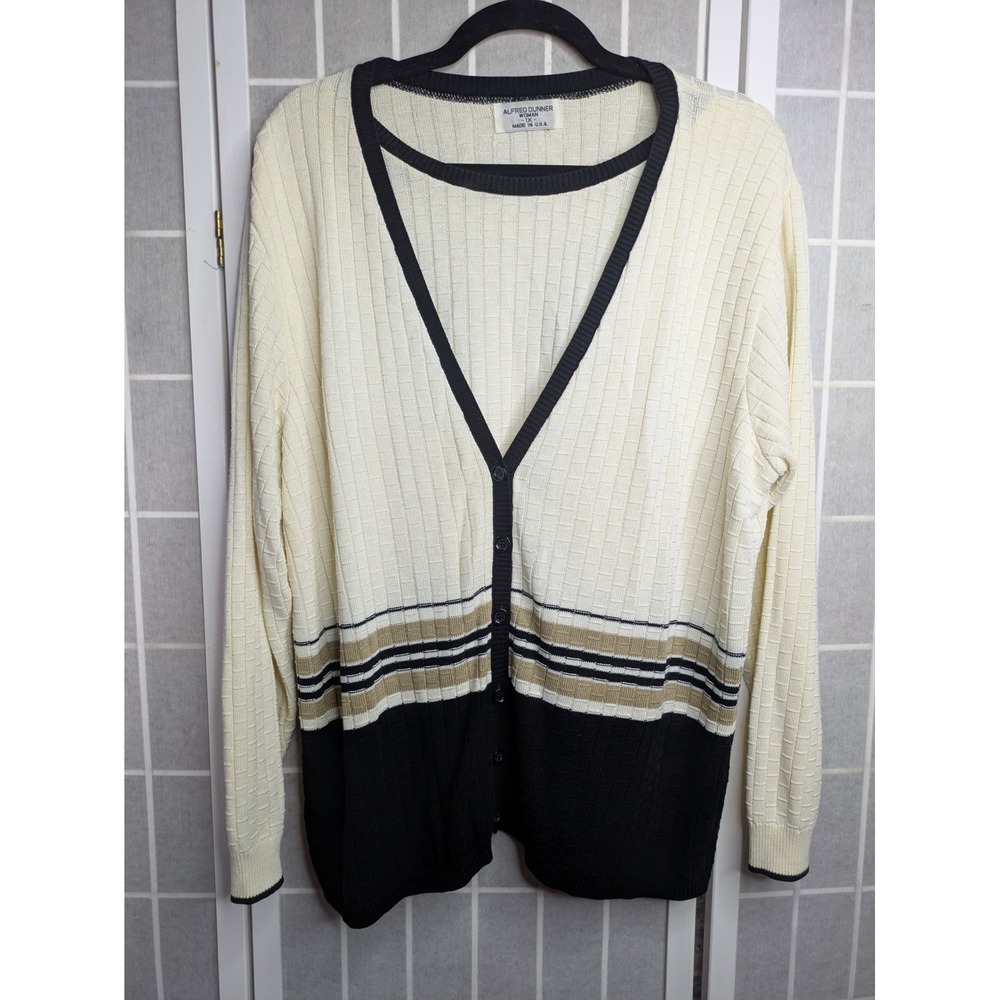 VTG Alfred Dunner Womens Cardigan Sweater 1X Cream Striped V-Neck Built in Tank